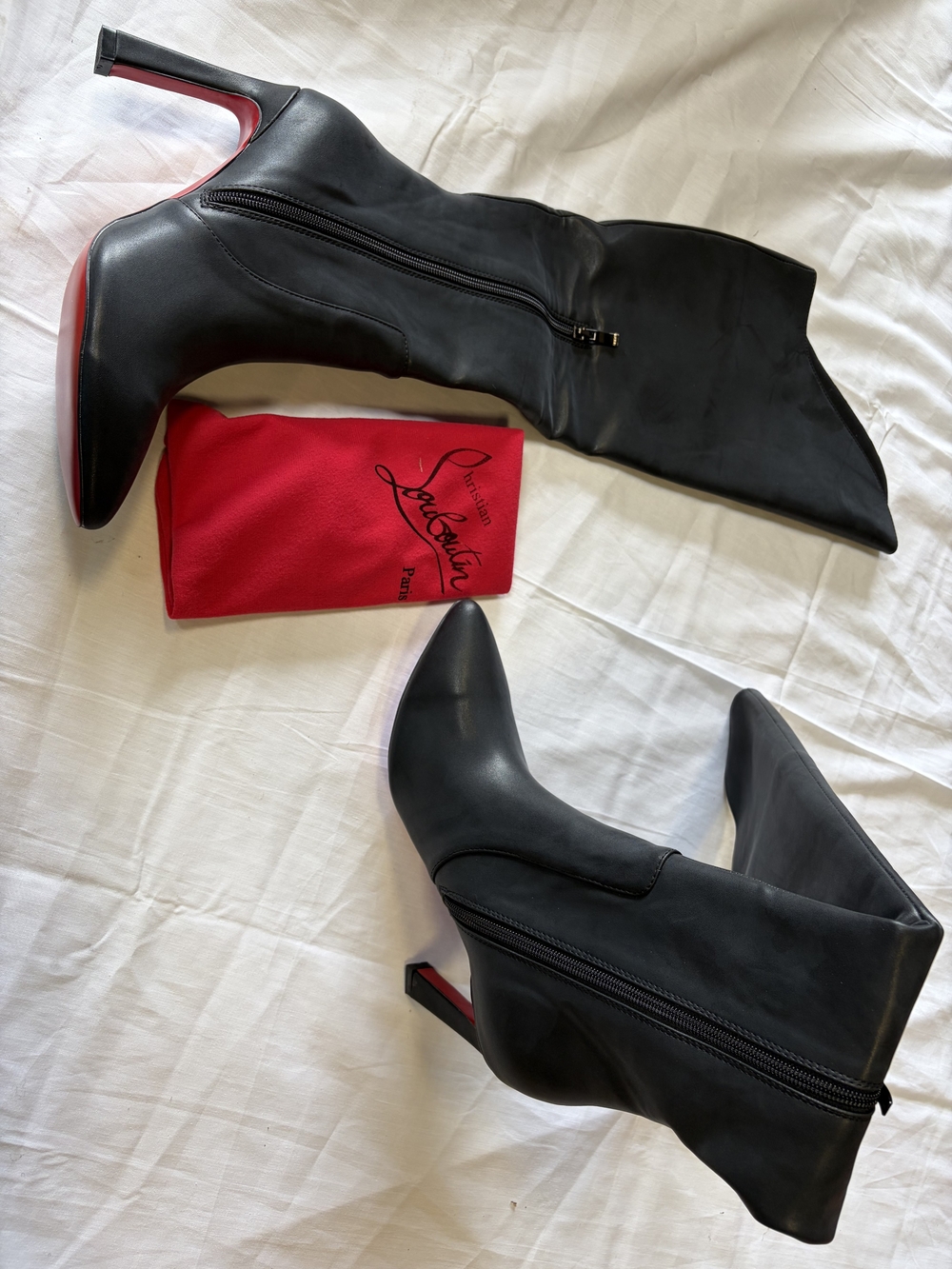 Christian Louboutin Black Leather Knee Boots with Signature Red Soles